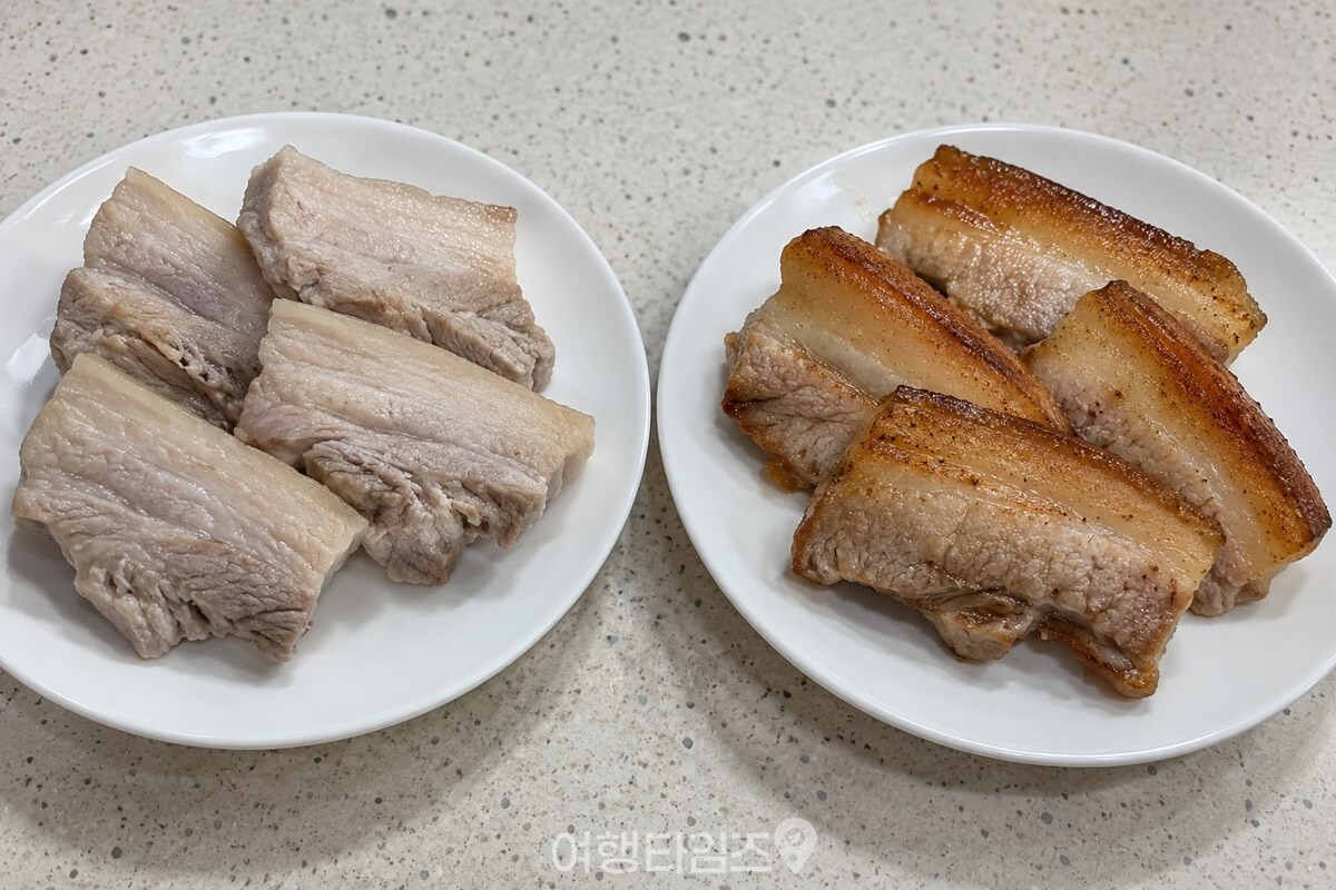 물에 삶은 수육과 노릇하게 구운 통삼겹의 겉면 색 차이. / 기사 이해를 돕기 위한 생성형 이미지