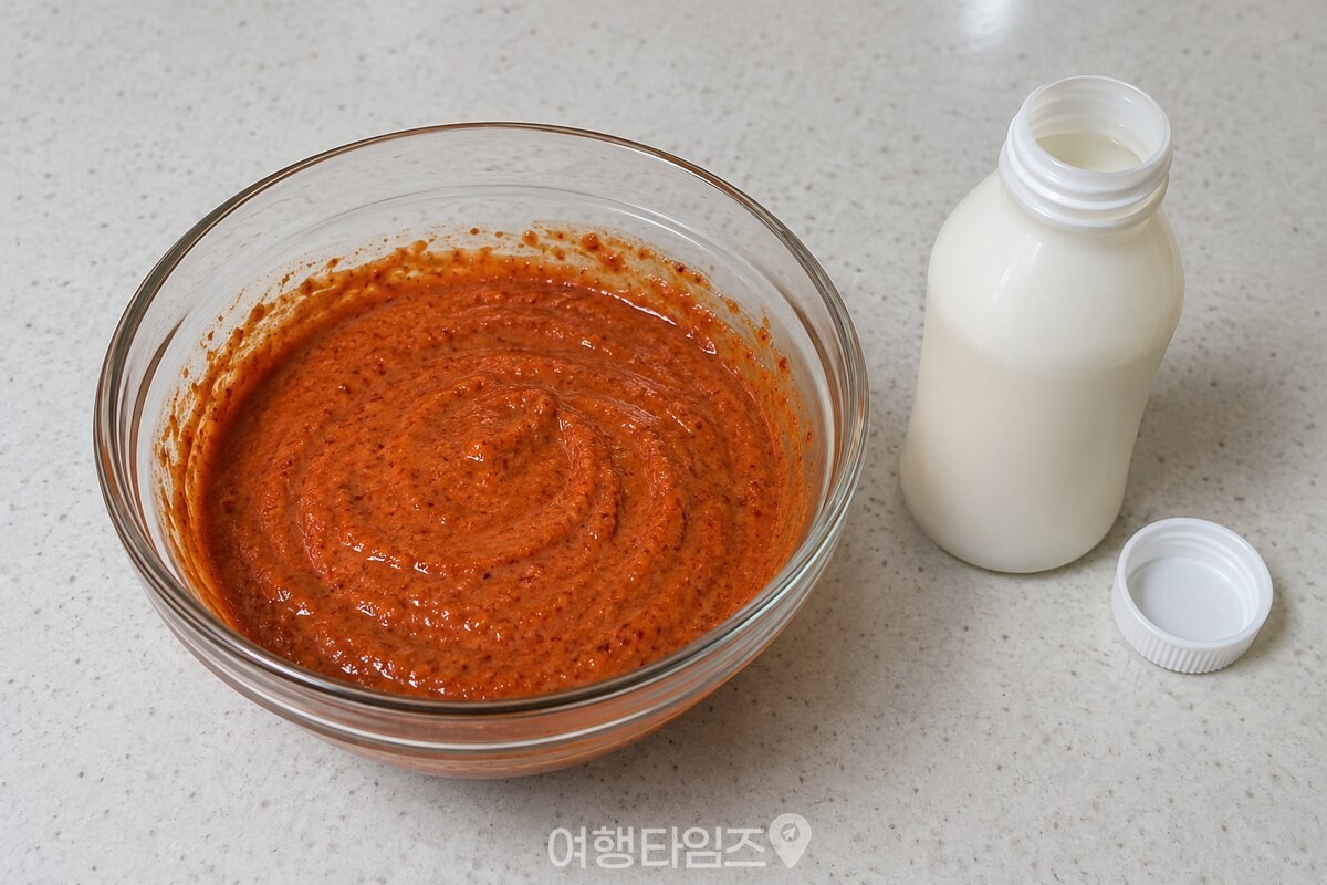붉은 깍두기 양념 옆에 마시는 요구르트 한 병을 놓은 모습 / 기사 이해를 돕기 위한 생성형 이미지