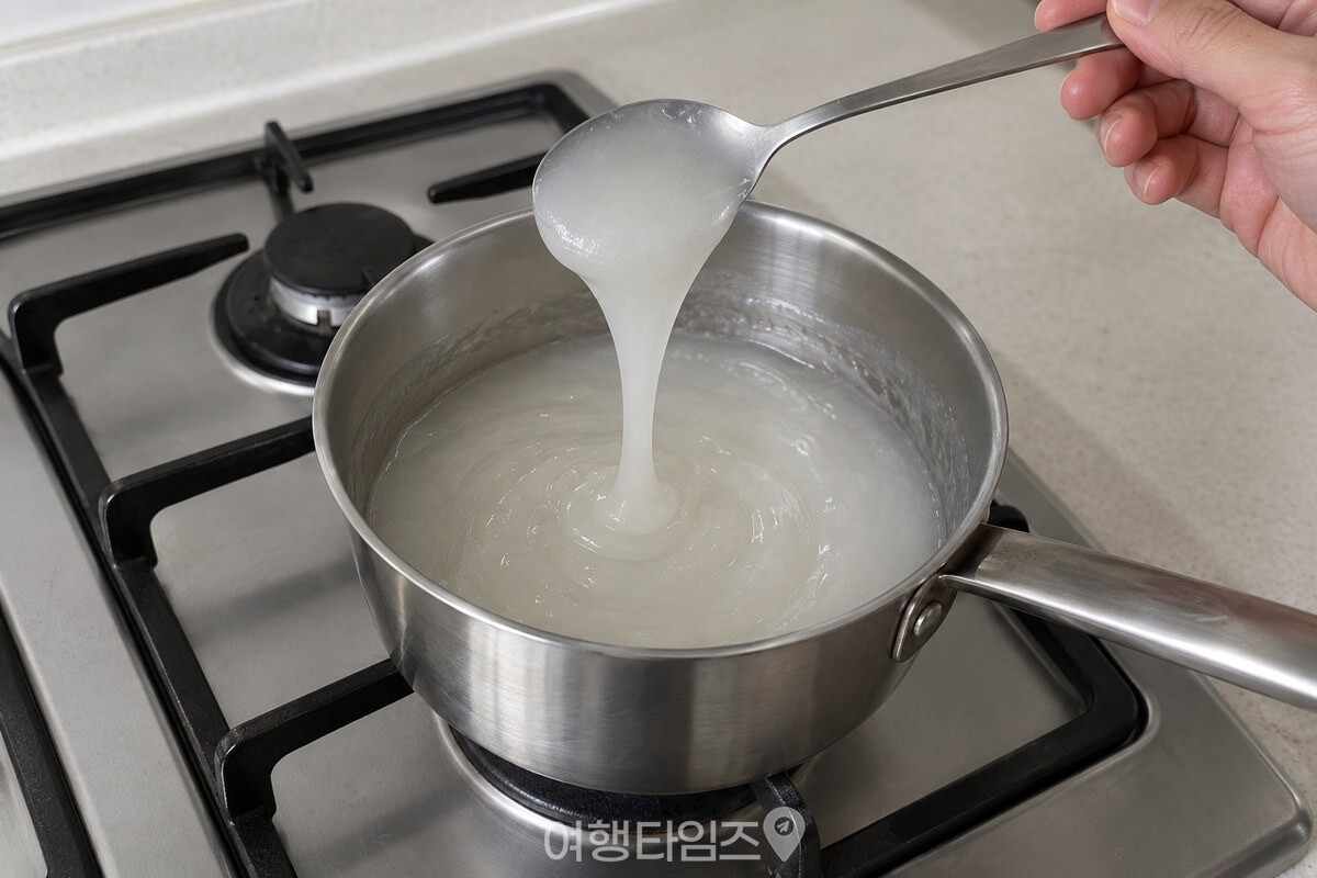 냄비에서 식힌 찹쌀풀이 숟가락에서 걸쭉하게 흘러내리는 모습 / 기사 이해를 돕기 위한 생성형 이미지