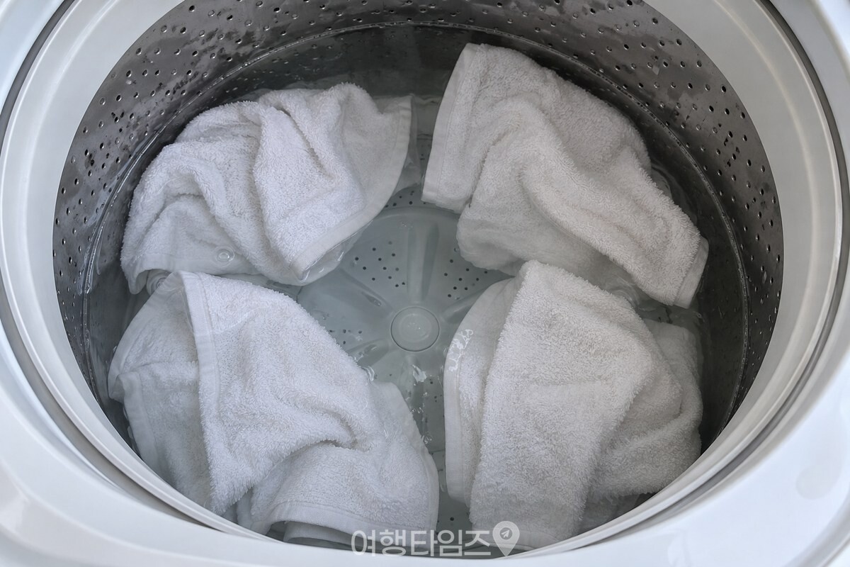 세제 없이 물을 넉넉히 받은 통돌이 세탁기 안에서 흰 수건 네 장이 펼쳐져 있다. / 기사 이해를 돕기 위한 생성형 이미지
