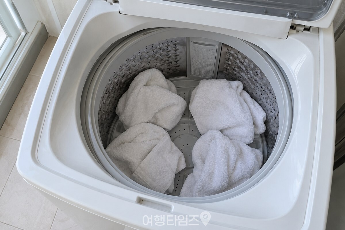 통돌이 세탁기에 새 흰 수건 네 장을 여유 있게 넣은 모습. / 기사 이해를 돕기 위한 생성형 이미지