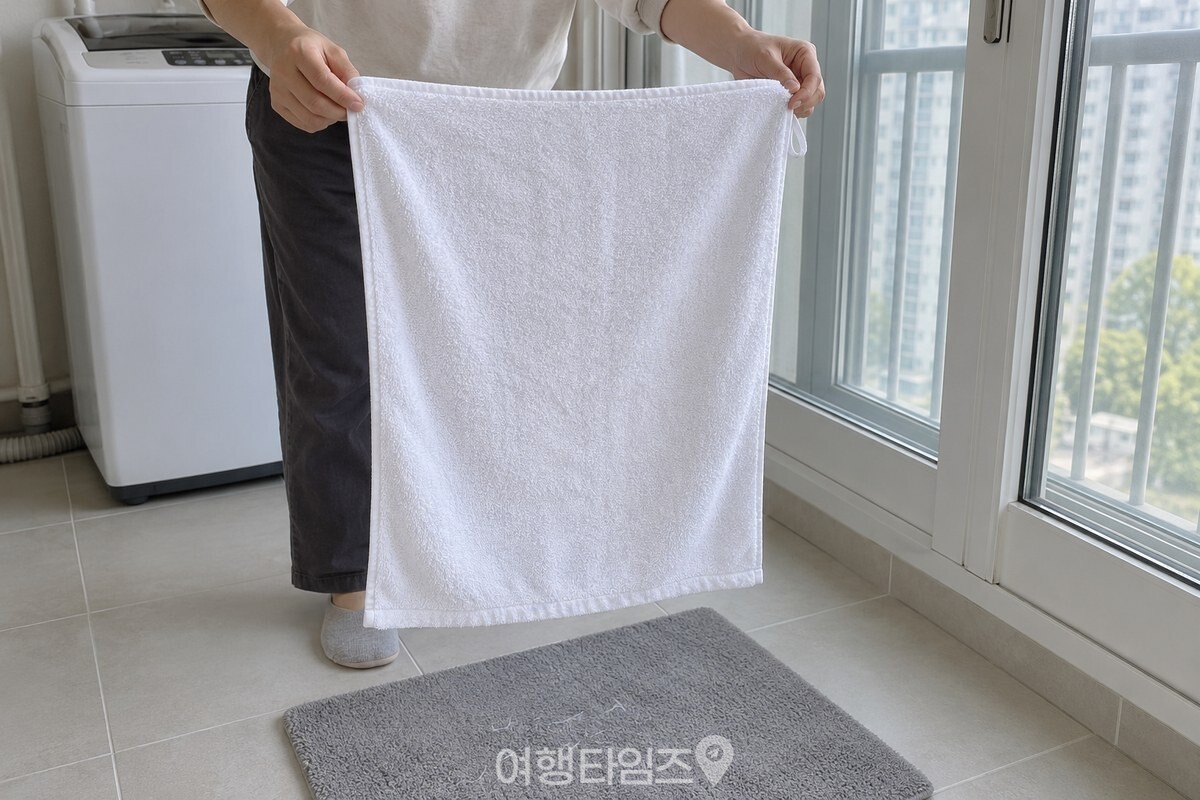 깨끗한 베란다 바닥에서 새 흰 수건 한 장을 양손으로 펼쳐 털고 있다. / 기사 이해를 돕기 위한 생성형 이미지