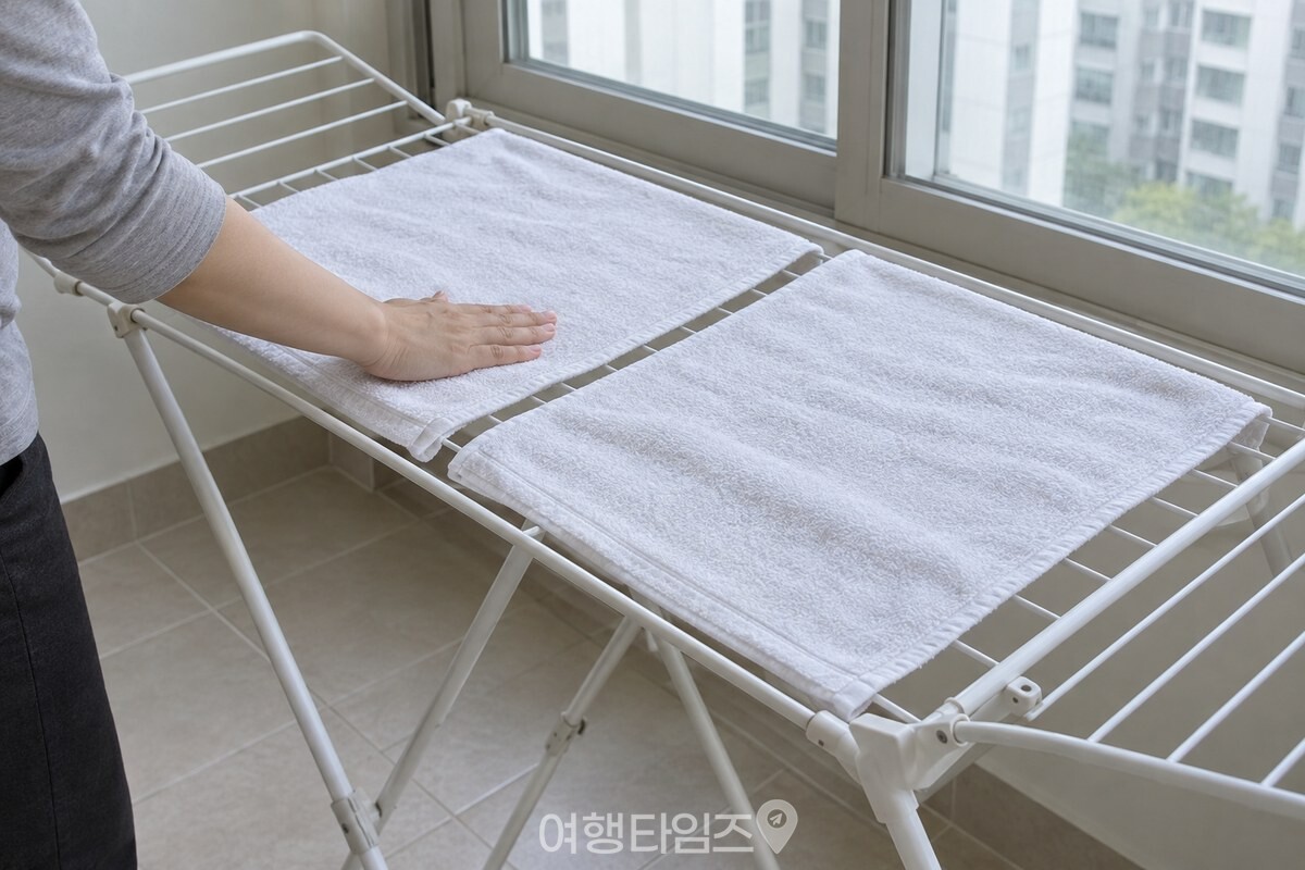 그늘진 베란다의 접이식 건조대 위에 젖은 흰 수건을 펼쳐 자연 건조하고 있다. / 기사 이해를 돕기 위한 생성형 이미지