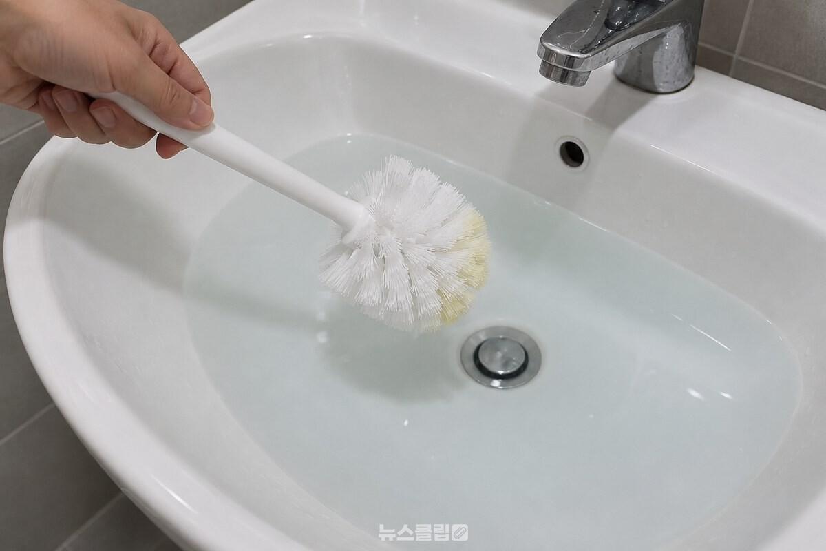 깨끗한 물에 헹군 뒤에도 일부 솔 끝에 옅은 누런색이 남아 있는 변기솔. / 기사 이해를 돕기 위한 생성형 이미지