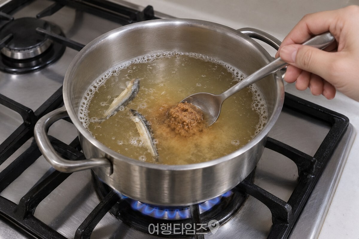 국자에 된장을 풀어 멸치 육수 냄비에 넣는 모습. / 기사 이해를 돕기 위한 생성형 이미지
