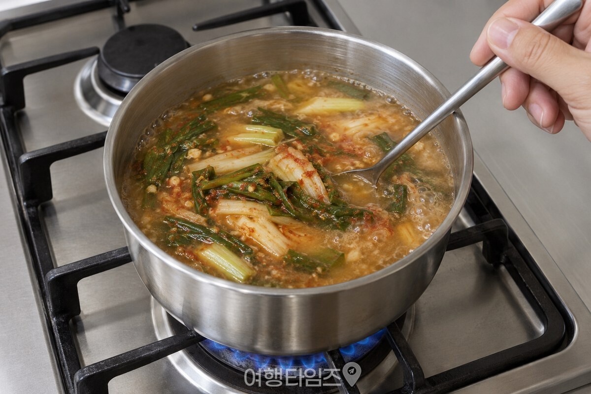 된장 국물에 파김치를 넣어 붉은 양념이 퍼지기 시작한 냄비. / 기사 이해를 돕기 위한 생성형 이미지
