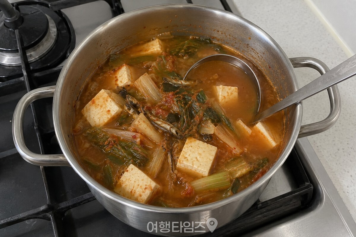 붉은 국물에 썰어 넣은 익은 파김치와 두부가 담긴 된장찌개 냄비. / 기사 이해를 돕기 위한 생성형 이미지