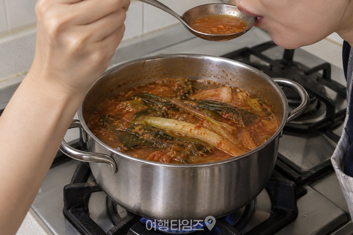 붉어진 파김치 된장 국물을 작은 국자로 맛보는 모습. / 기사 이해를 돕기 위한 생성형 이미지