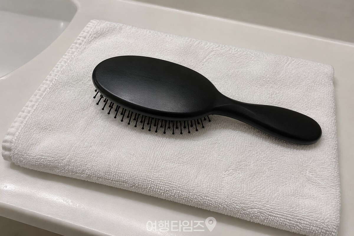 수건 위에 빗살이 아래로 향하도록 엎어 둔 헤어브러시 / 기사 이해를 돕기 위한 생성형 이미지