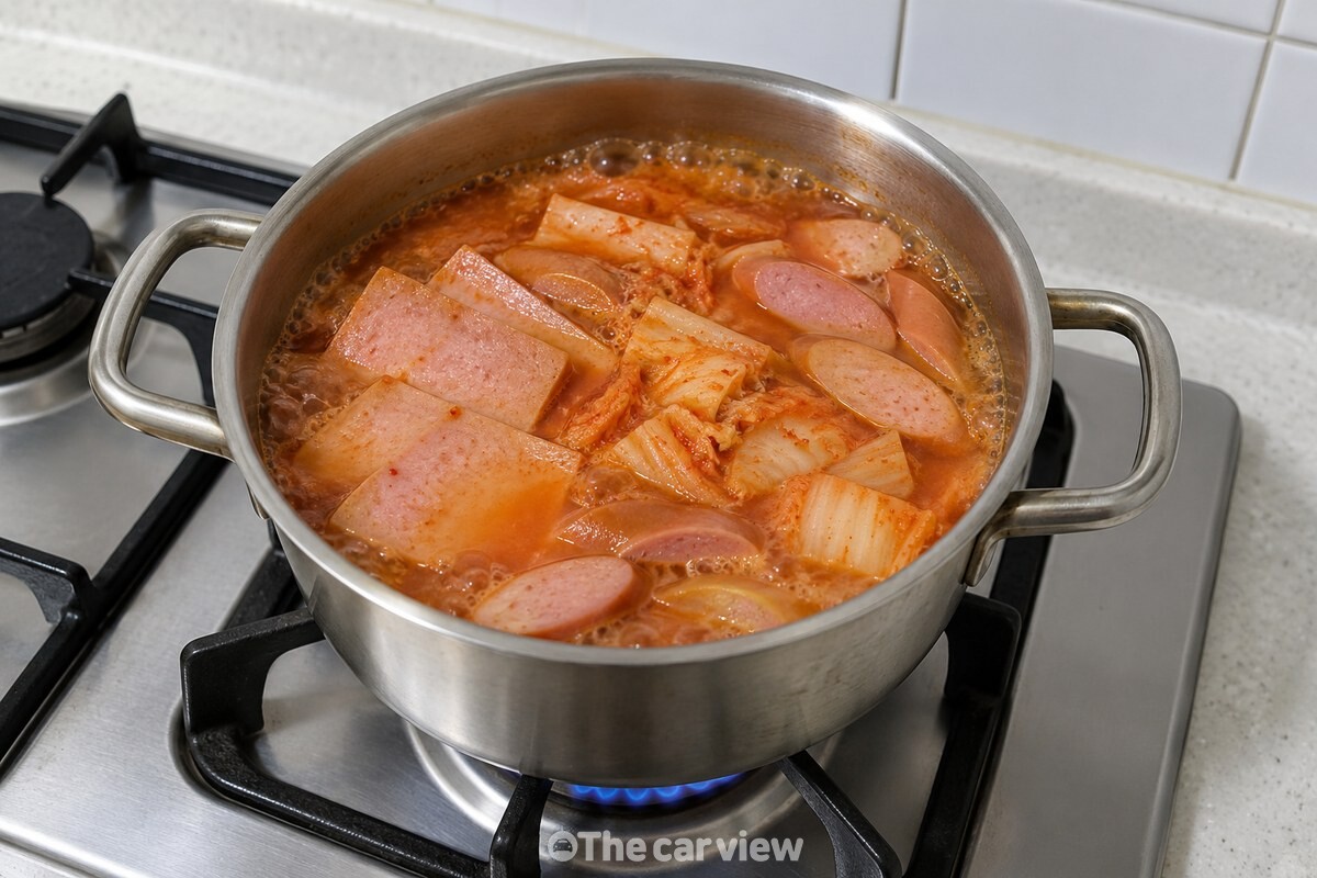 맹물에 햄과 소시지, 신김치를 넣은 냄비의 국물이 끓고 있다. / 기사 이해를 돕기 위한 생성형 이미지