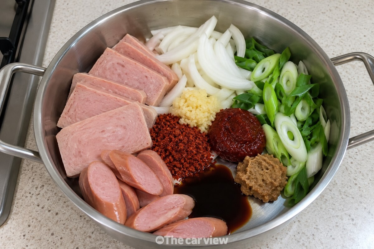 냄비 속 햄과 소시지 위에 고추장과 된장 반 큰술을 함께 올려 둔 모습이다. / 기사 이해를 돕기 위한 생성형 이미지