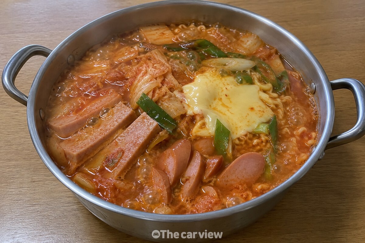 김이 오르는 완성된 부대찌개가 한국 가정 식탁 위 냄비에 담겨 있다. / 기사 이해를 돕기 위한 생성형 이미지