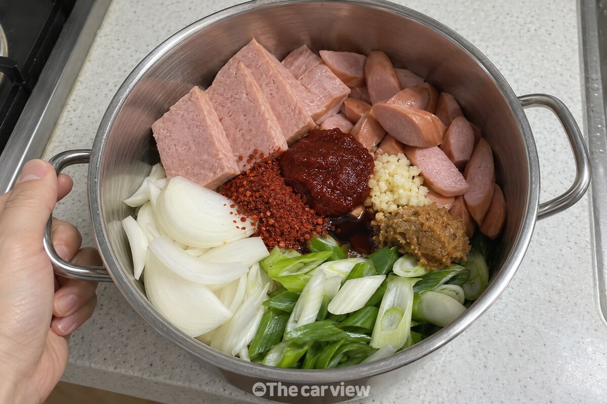 물 붓기 전 냄비에 햄과 소시지, 채소와 된장 반 큰술을 함께 담아 둔 모습이다. / 기사 이해를 돕기 위한 생성형 이미지