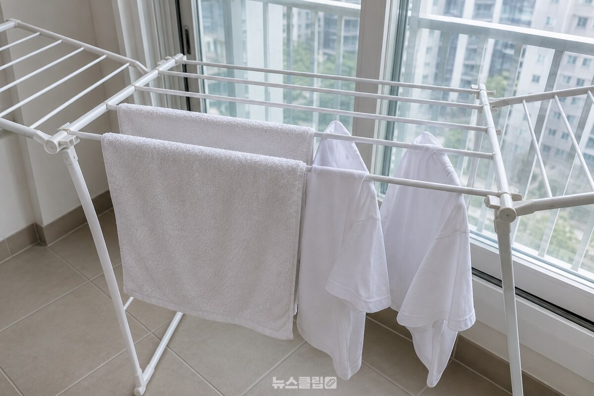빨래 사이가 너무 가까워 서로 맞닿은 건조대의 수건과 옷. / 기사 이해를 돕기 위한 생성형 이미지