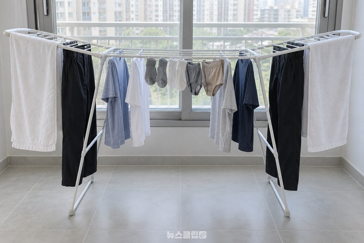 흰색 윙형 건조대 양끝에 긴 수건과 바지를 걸고 가운데에 짧은 빨래를 배치한 모습. / 기사 이해를 돕기 위한 생성형 이미지