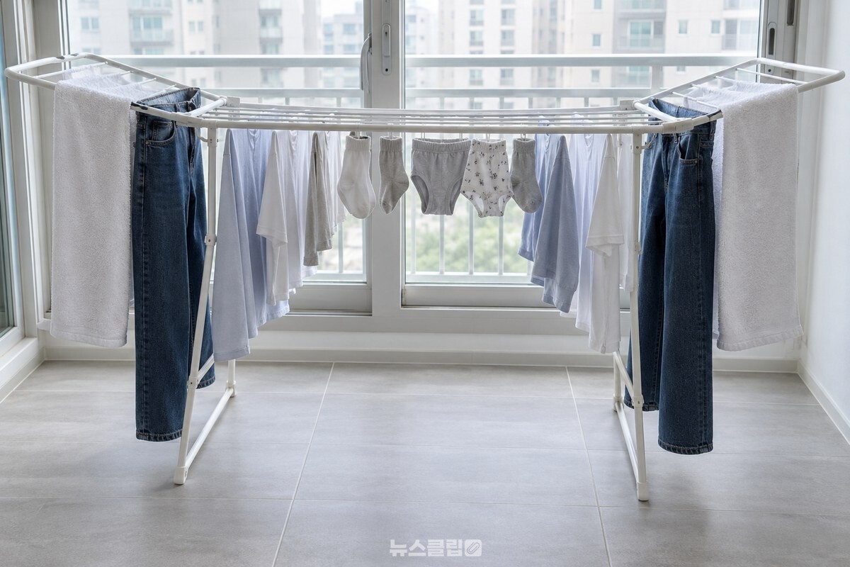 양끝의 긴 수건과 바지에서 가운데의 짧은 옷과 양말로 이어지는 아치형 배치. / 기사 이해를 돕기 위한 생성형 이미지