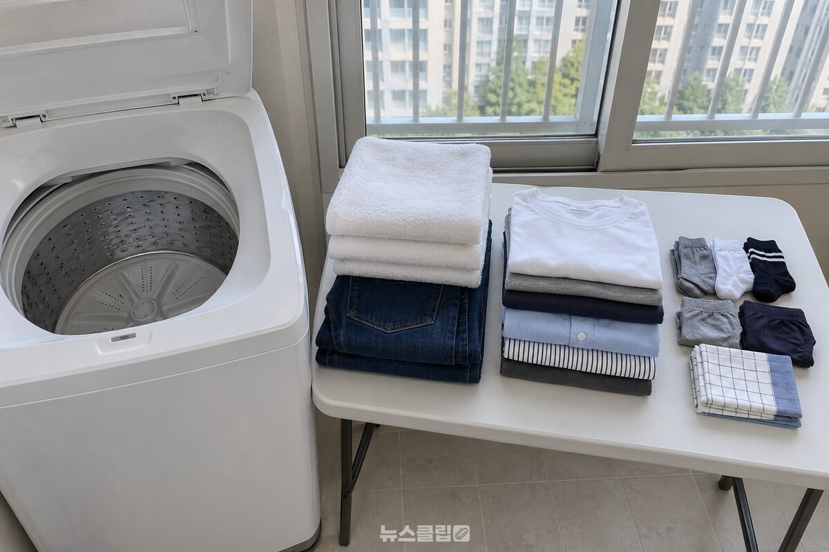 세탁기에서 꺼낸 빨래를 긴 것과 중간 길이, 짧은 것으로 나누어 둔 모습. / 기사 이해를 돕기 위한 생성형 이미지