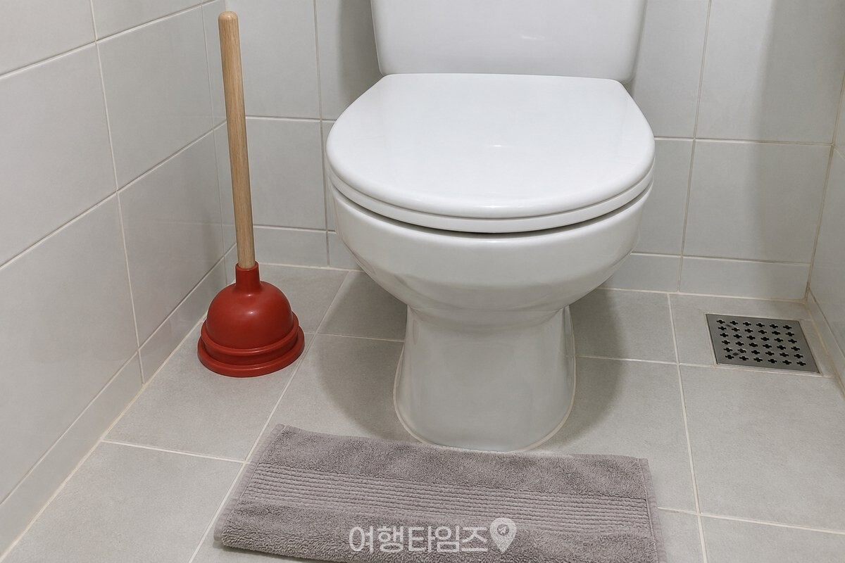 흰 타일 욕실의 변기 앞에 변기용 뚫어뻥과 마른 수건을 준비한 모습. / 기사 이해를 돕기 위한 생성형 이미지