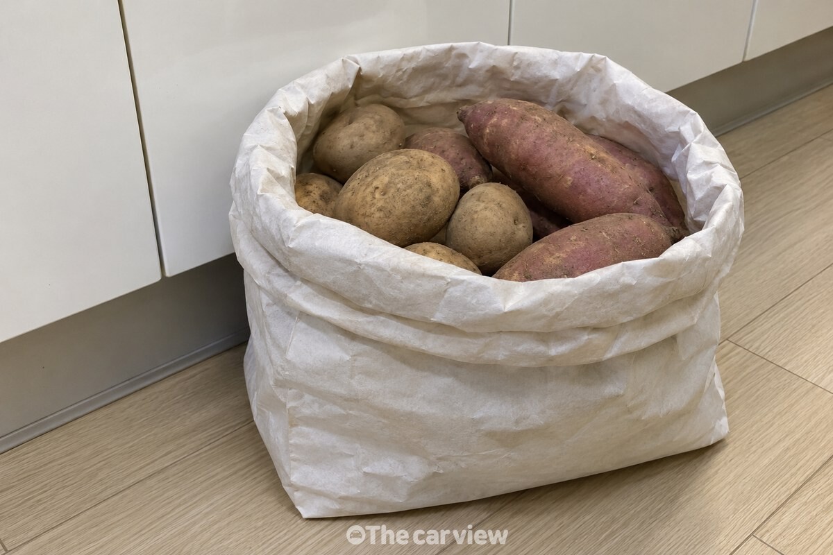무늬 없는 안쪽 면을 바깥으로 뒤집고 입구를 말아 내린 종이 쌀포대에 감자와 고구마를 담아 둔 모습. / 기사 이해를 돕기 위한 생성형 이미지