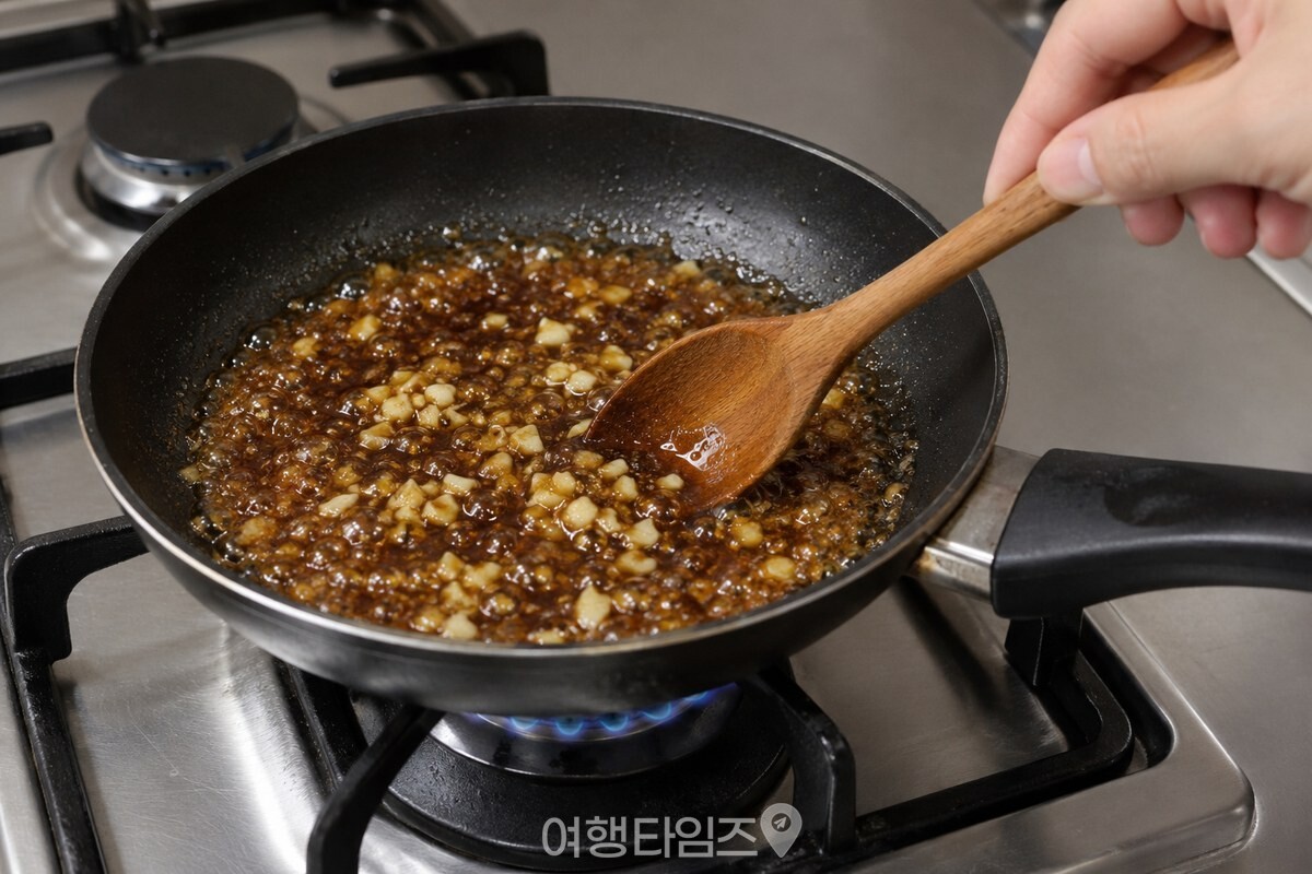 약한 불의 팬에서 마늘을 넣은 굴소스 양념을 저어 끓이는 모습. / 기사 이해를 돕기 위한 생성형 이미지