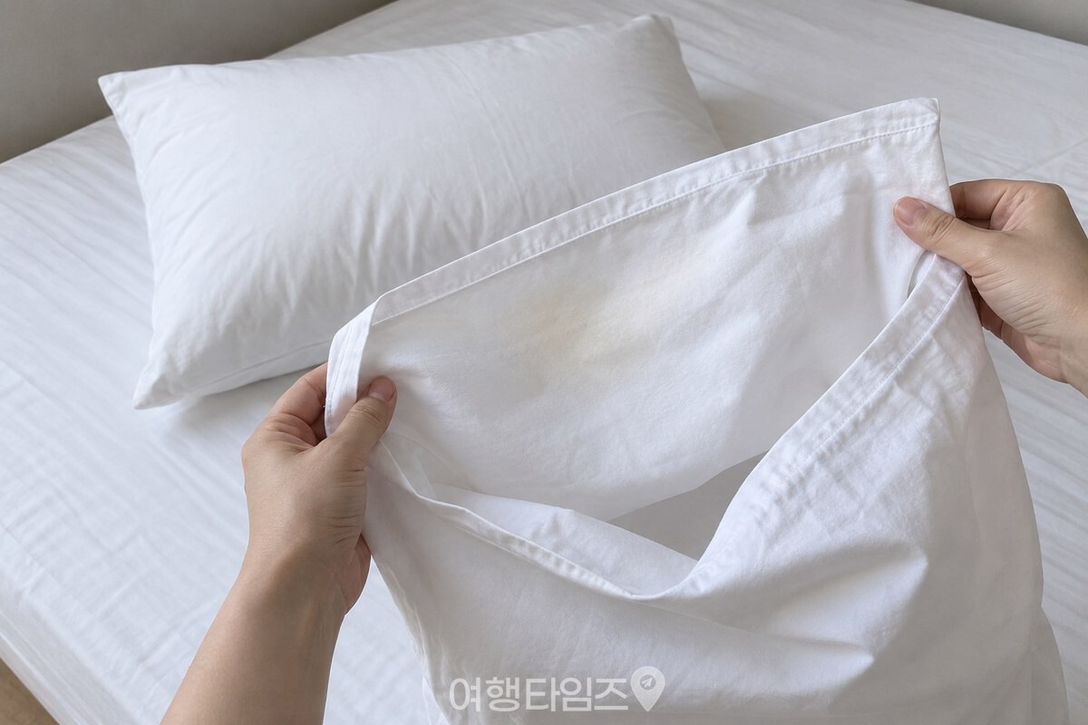 흰 면 베개커버를 손으로 펼쳐 보이는 깨끗한 침대 위 장면. / 기사 이해를 돕기 위한 생성형 이미지