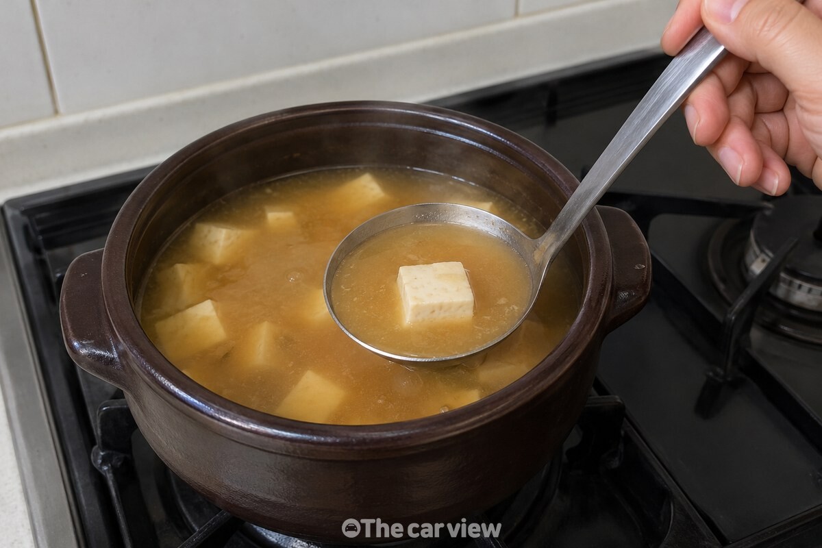 국자로 뜬 된장찌개 국물과 두부가 뚝배기 안에서 보이는 가까운 장면이다. / 기사 이해를 돕기 위한 생성형 이미지