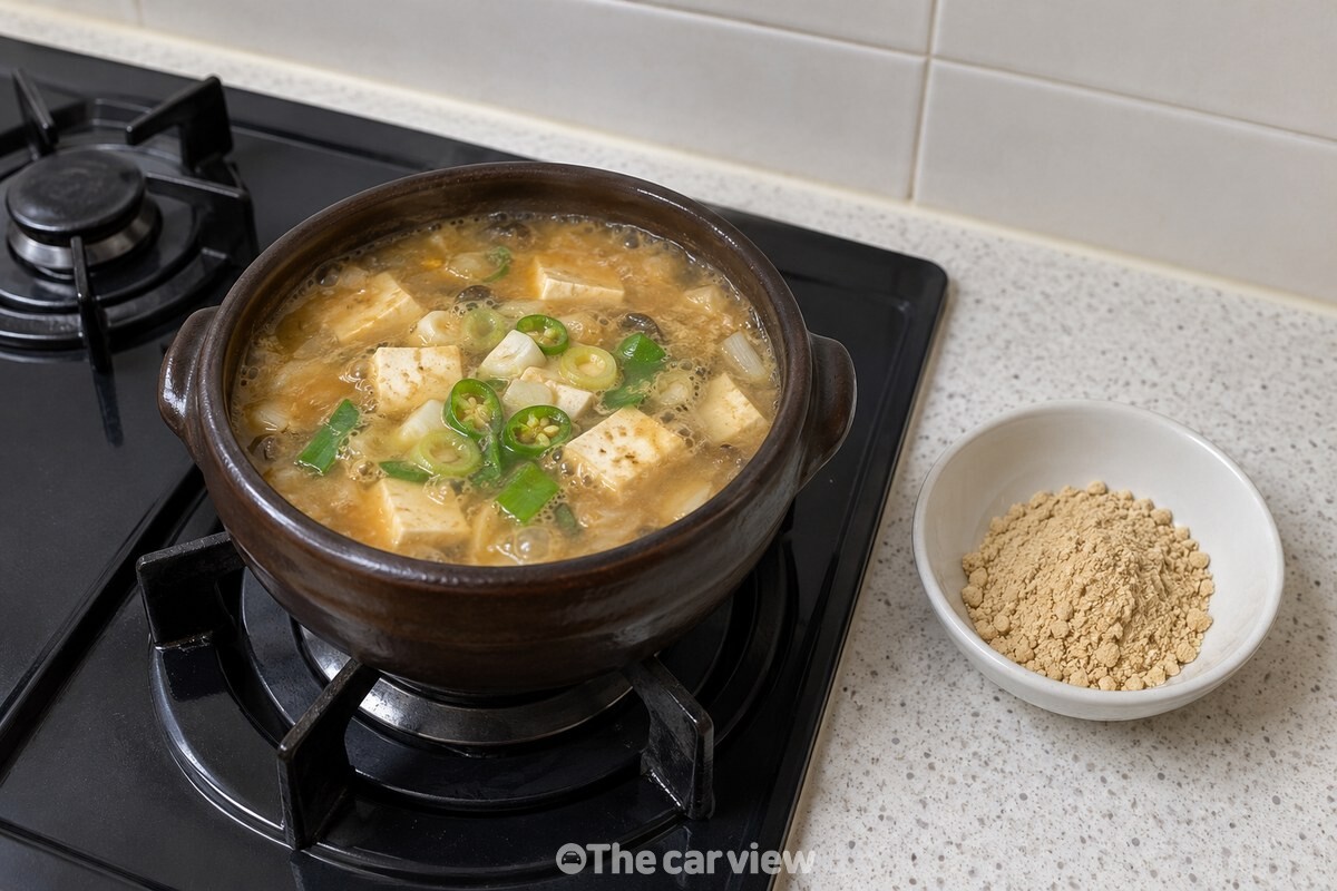 뚝배기에 끓인 된장찌개와 작은 흰 그릇에 덜어 둔 콩가루가 조리대 위에 놓여 있다. / 기사 이해를 돕기 위한 생성형 이미지