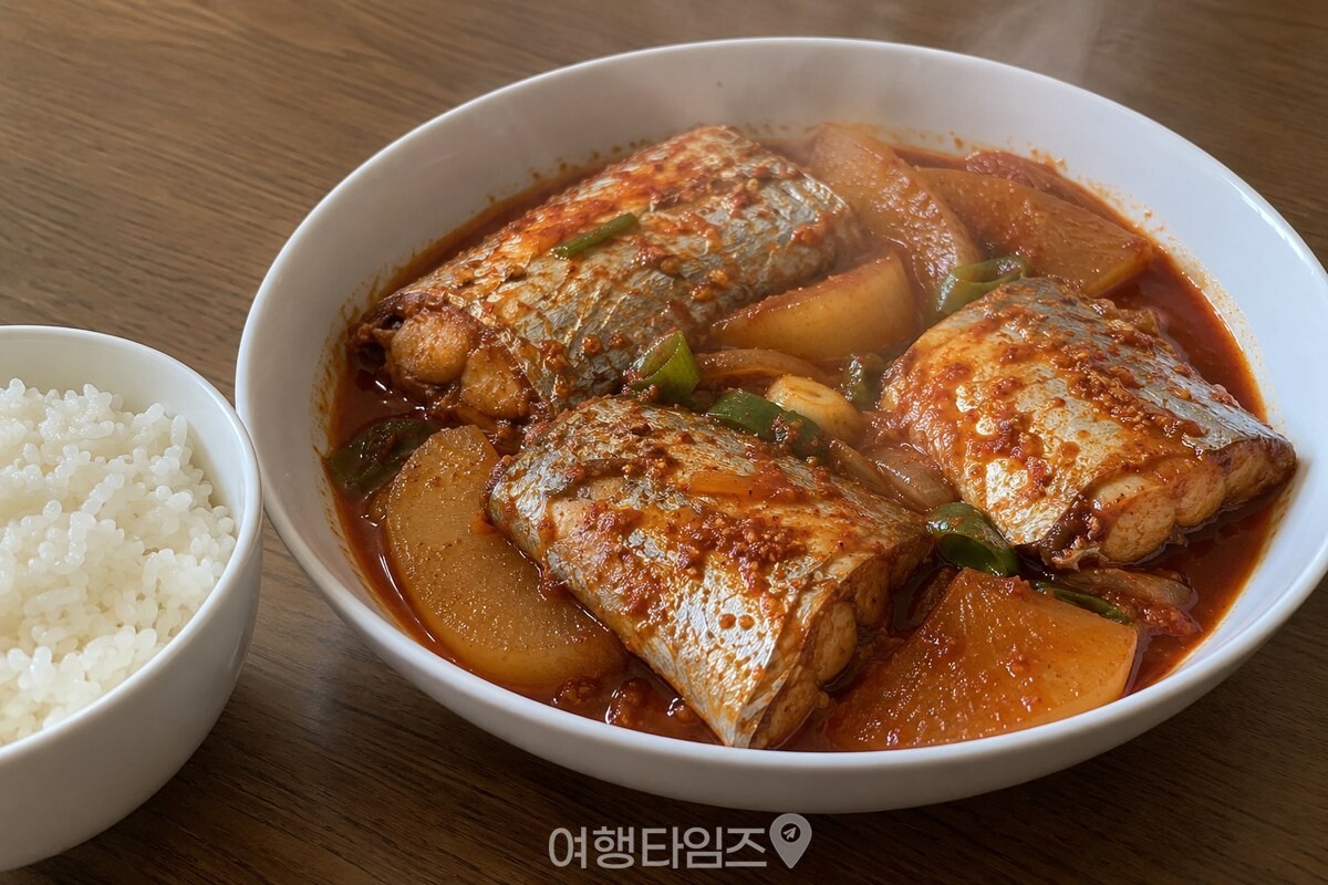 자작한 붉은 양념에 조린 갈치조림이 한국 가정의 흰 밥그릇 옆에 담겨 있다. / 기사 이해를 돕기 위한 생성형 이미지