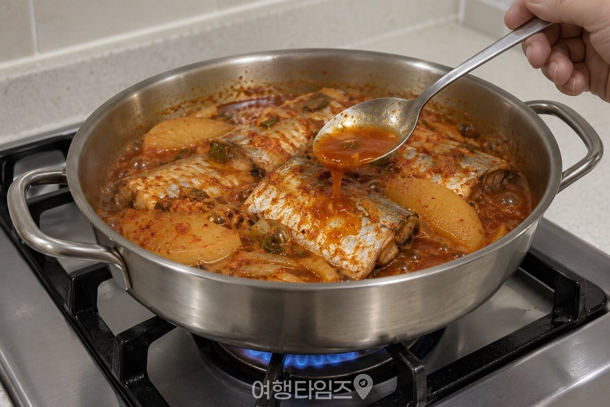 끓는 갈치조림 위로 숟가락으로 붉은 국물을 떠서 끼얹고 있다. / 기사 이해를 돕기 위한 생성형 이미지