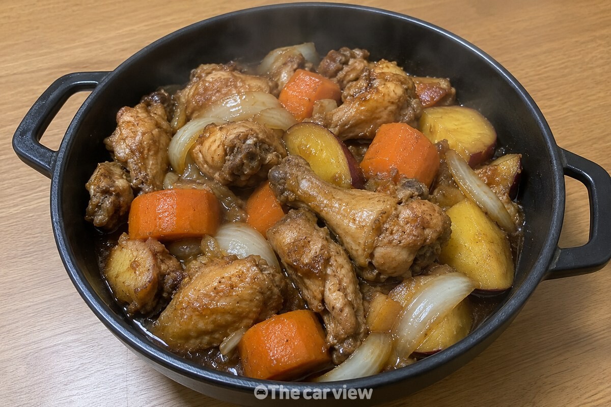완성된 간장 찜닭이 검은 냄비에 담겨 식탁 위에 놓여 있다. / 기사 이해를 돕기 위한 생성형 이미지