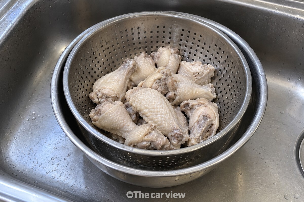 한 번 삶아 헹군 닭 조각을 깨끗한 채반에 받쳐 물기를 뺀 모습이다. / 기사 이해를 돕기 위한 생성형 이미지