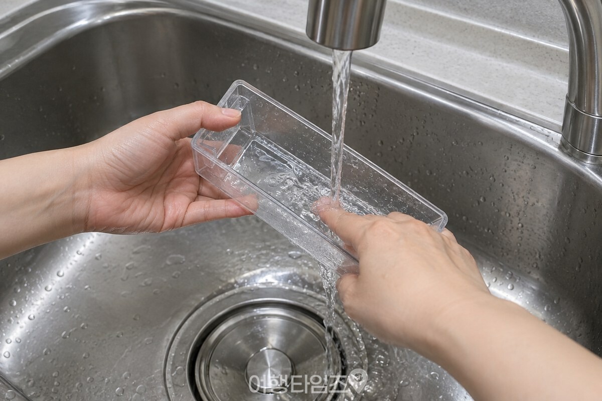 흐르는 물 아래에서 물받이 안쪽 바닥과 모서리를 손가락으로 씻는 모습. / 기사 이해를 돕기 위한 생성형 이미지