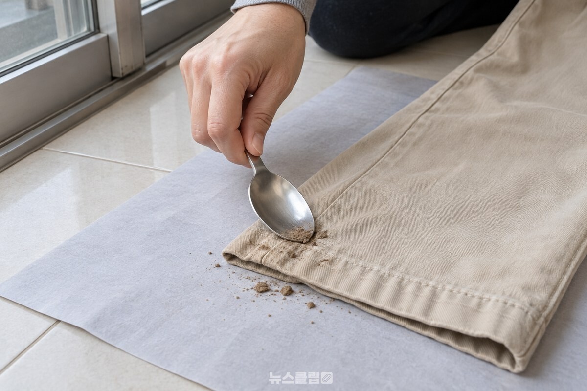 신문지 위에 놓인 베이지색 바지 밑단의 작은 마른 진흙 자국을 숟가락으로 안쪽으로 긁어 내는 모습. / 기사 이해를 돕기 위한 생성형 이미지