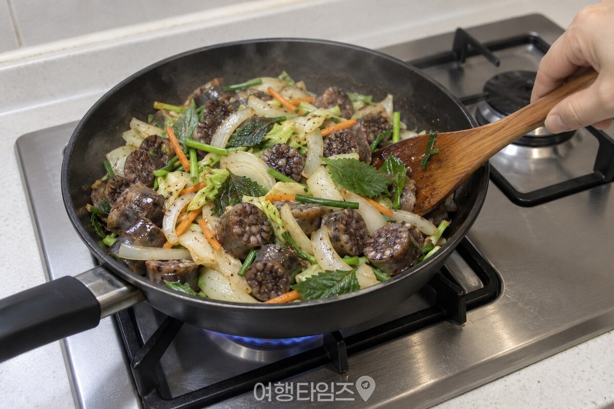 검은 주물 받침 가스레인지 위 팬에서 순대와 채소를 볶는 모습. / 기사 이해를 돕기 위한 생성형 이미지