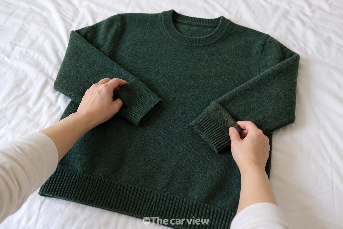 평평한 침대 위에서 두 손으로 울 니트의 소매를 몸판 쪽으로 접고 있다. / 기사 이해를 돕기 위한 생성형 이미지