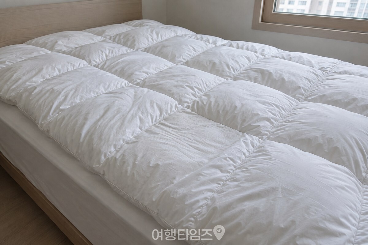 보관 봉투에서 꺼낸 흰 털이불 한쪽이 얇게 눌린 채 침대 위에 놓여 있다. / 기사 이해를 돕기 위한 생성형 이미지