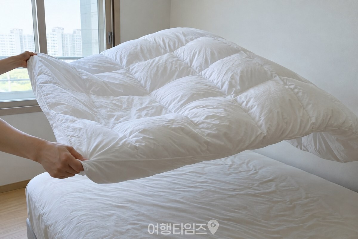 양손으로 털이불의 짧은 쪽 모서리를 잡고 위아래로 흔드는 모습. / 기사 이해를 돕기 위한 생성형 이미지