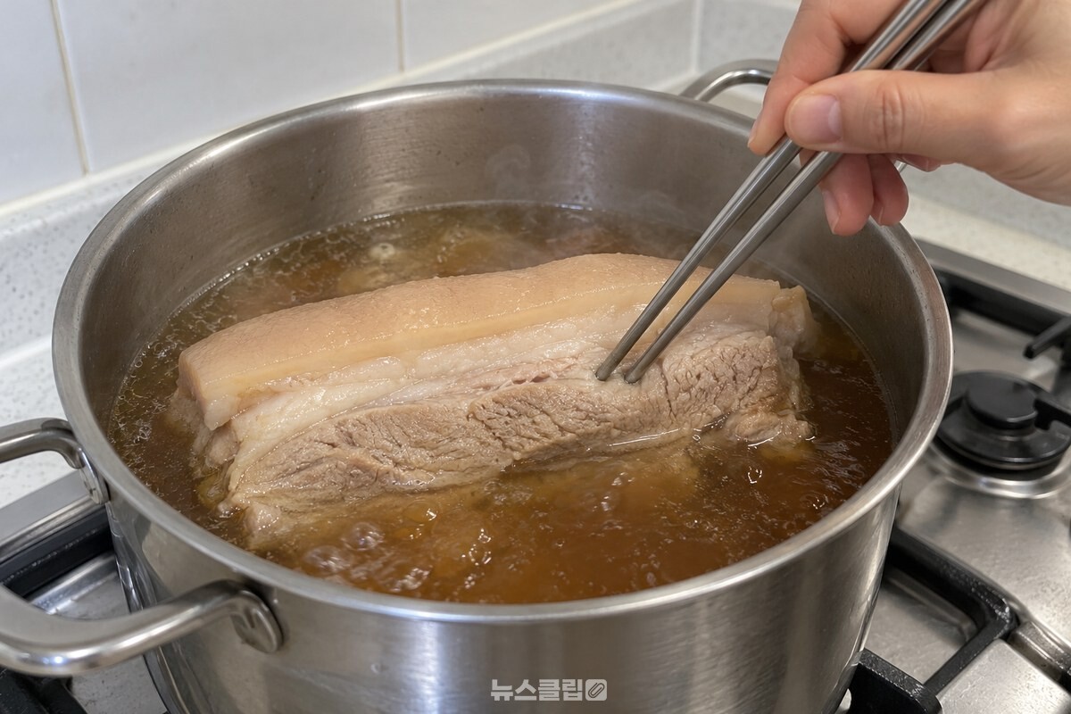 젓가락으로 익은 통삼겹살의 두꺼운 부분을 확인하고 있다. / 기사 이해를 돕기 위한 생성형 이미지