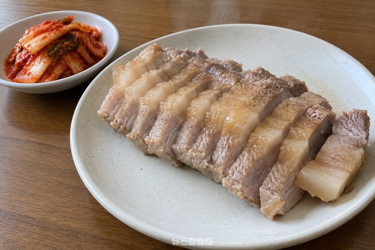김치와 곁들인 완성 수육이 접시에 먹기 좋게 썰려 있다. / 기사 이해를 돕기 위한 생성형 이미지