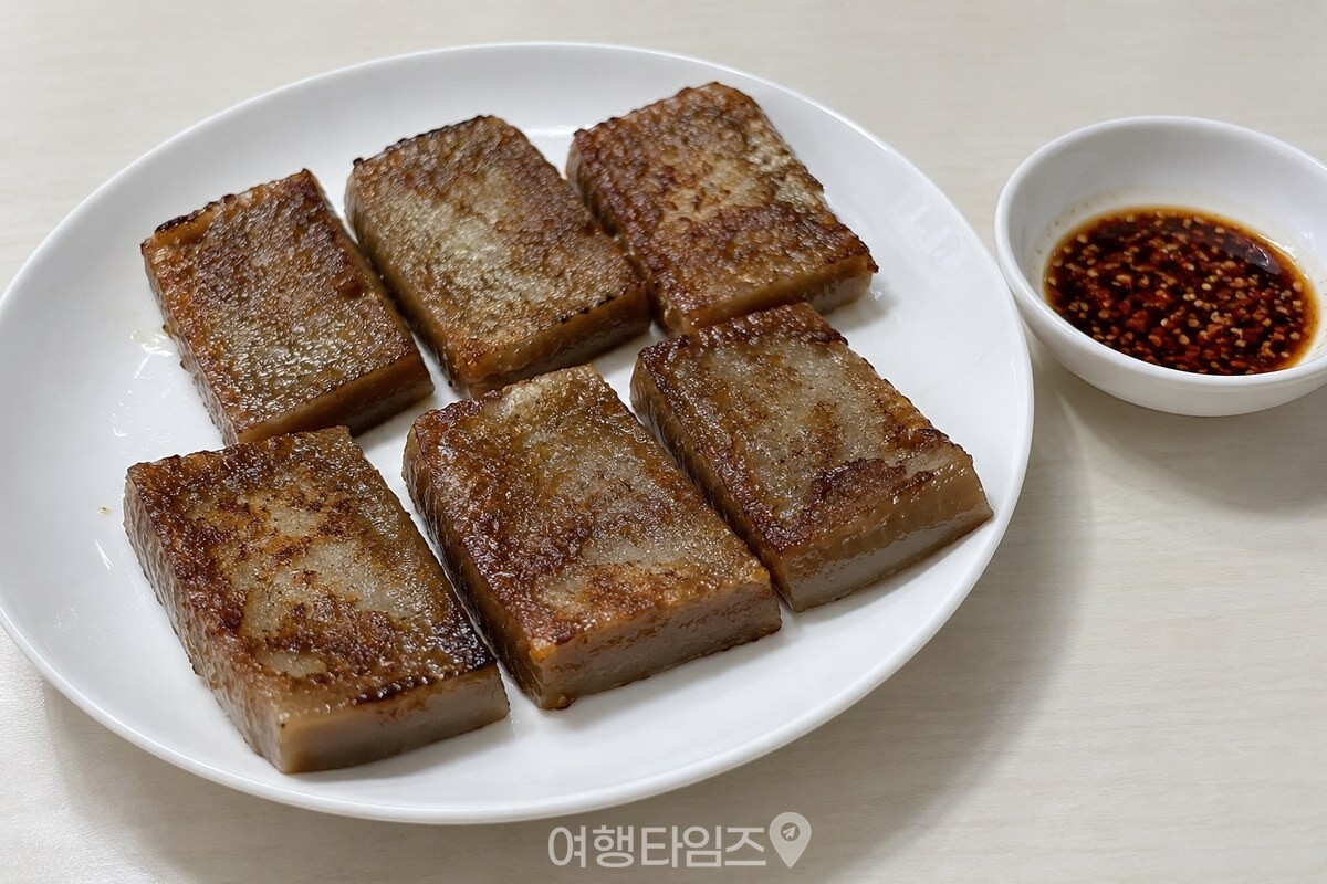 노릇하게 구운 도토리묵을 양념장과 함께 담아 낸 모습. / 기사 이해를 돕기 위한 생성형 이미지