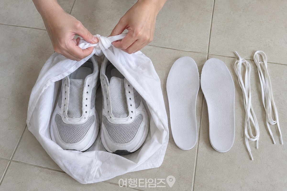 신발끈과 깔창을 뺀 운동화 한 켤레를 흰 베개커버 안에 넣고 입구를 묶는 모습. / 기사 이해를 돕기 위한 생성형 이미지