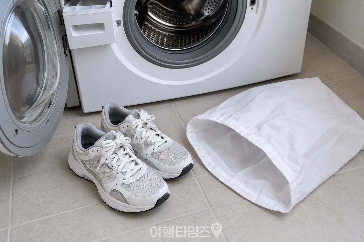 깨끗한 베개커버에 넣을 준비를 마친 흰색 운동화 한 켤레와 드럼세탁기 앞쪽 모습. / 기사 이해를 돕기 위한 생성형 이미지