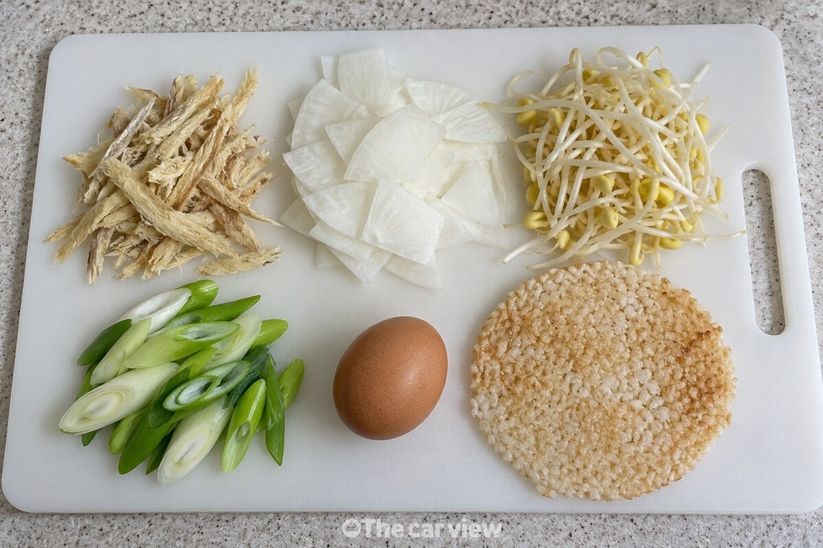 북엇국 국밥에 쓸 북어채와 무, 콩나물, 누룽지가 조리대에 준비돼 있다. / 기사 이해를 돕기 위한 생성형 이미지