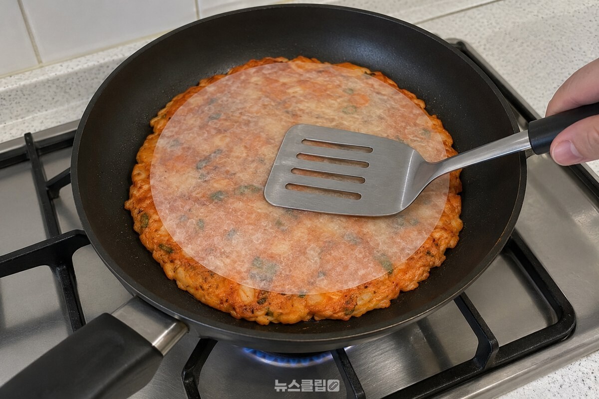 얇은 김치전 반죽 위에 마른 라이스페이퍼가 빈틈없이 놓여 있다. / 기사 이해를 돕기 위한 생성형 이미지