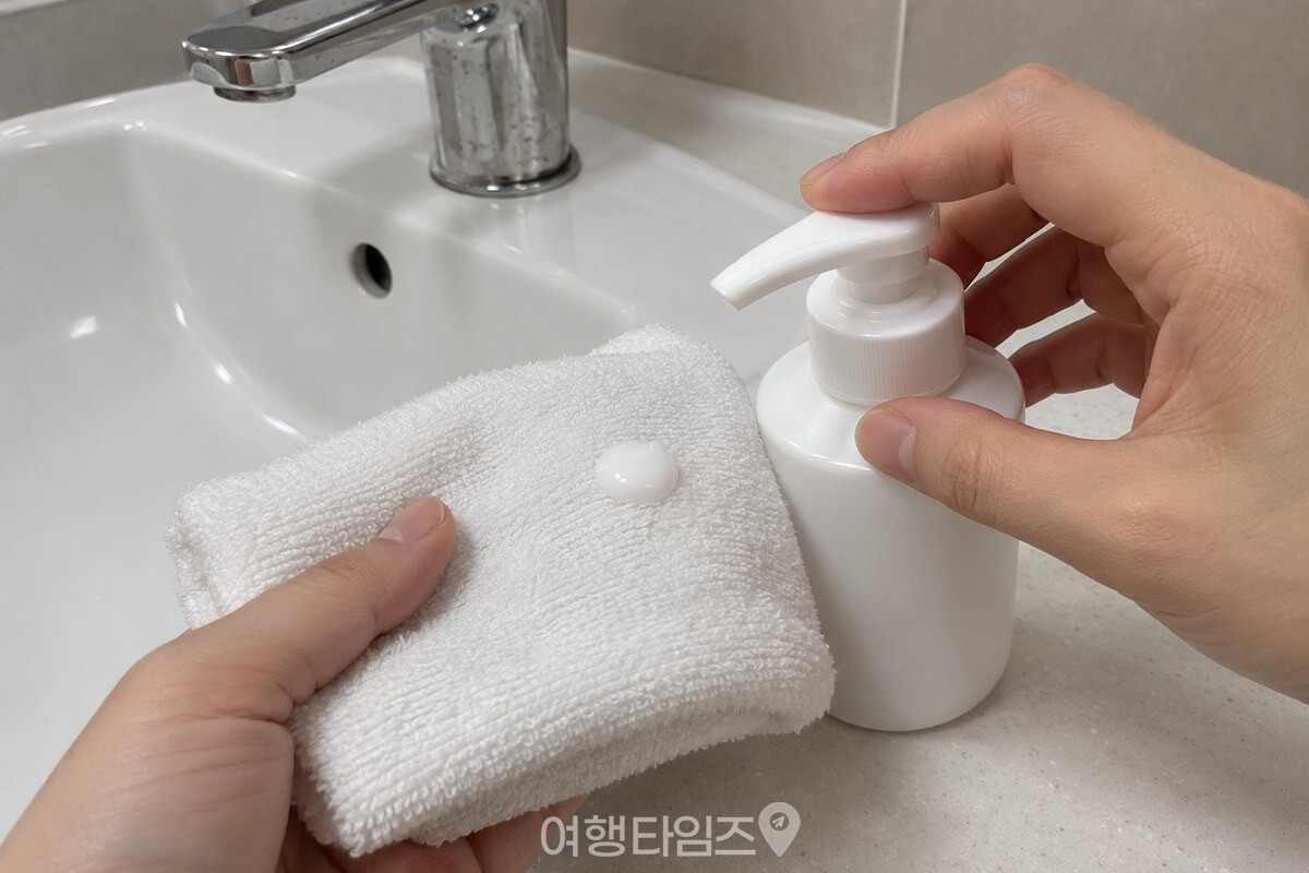 젖은 천에 흰 린스를 한 펌프 덜어 둔 준비 모습 / 기사 이해를 돕기 위한 생성형 이미지