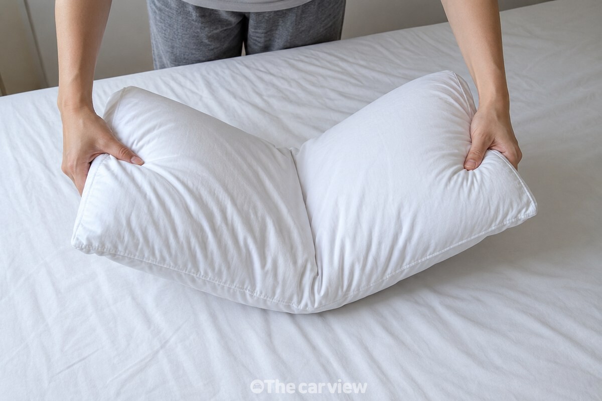 양손으로 흰색 베개의 양 끝을 잡고 침대 위에서 반으로 접는 모습이다. / 기사 이해를 돕기 위한 생성형 이미지