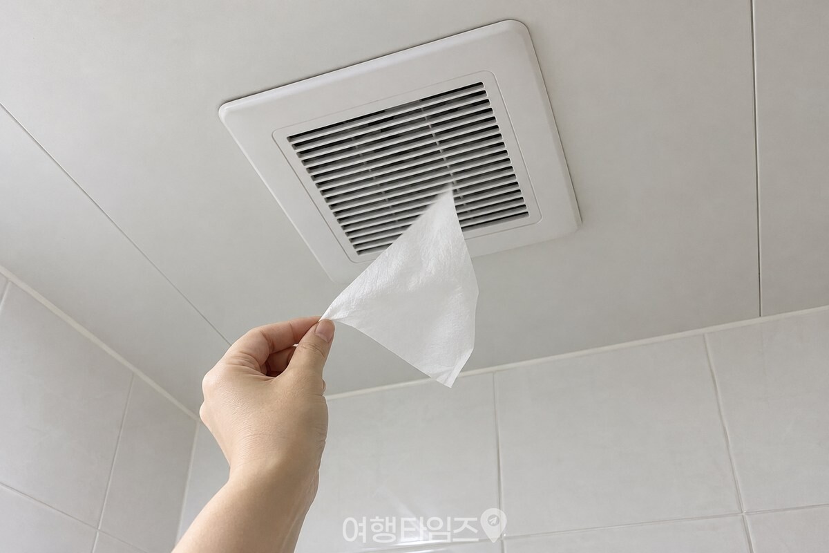 아래에서 올려다본 깨끗한 욕실 천장 환풍구 바로 아래에서 손끝으로 얇은 휴지 한 장을 대고 흡입을 확인하는 모습. / 기사 이해를 돕기 위한 생성형 이미지