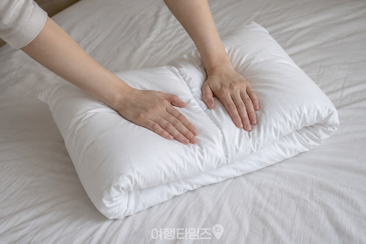 양손으로 베개 속통의 양 끝을 맞대 반으로 접어 누르고 있다. / 기사 이해를 돕기 위한 생성형 이미지