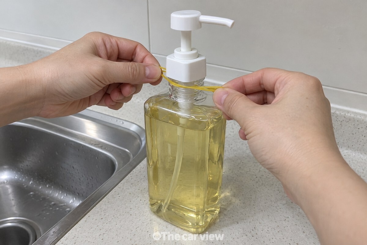 펌프 머리가 올라온 주방 세제 용기 목에 노란 고무줄을 감는 손이 보인다. / 기사 이해를 돕기 위한 생성형 이미지