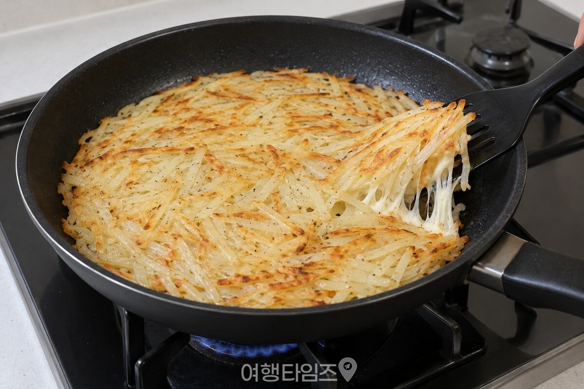 감자채 사이에 녹은 모짜렐라치즈가 고르게 섞여 한 장으로 붙어 있는 전. / 기사 이해를 돕기 위한 생성형 이미지
